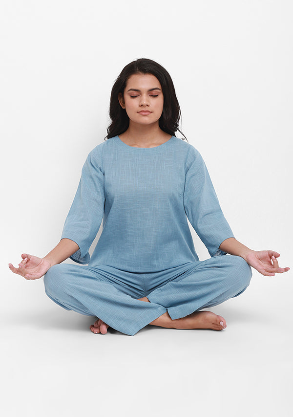 Smoke Blue Cotton Yoga Wear With Sleeves - unidra.myshopify.com