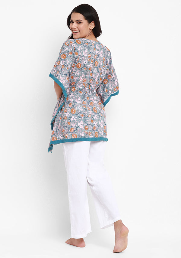 Aqua Rust Flower Motif Hand Block Printed Short Kaftan with White Pyjamas - unidra.myshopify.com