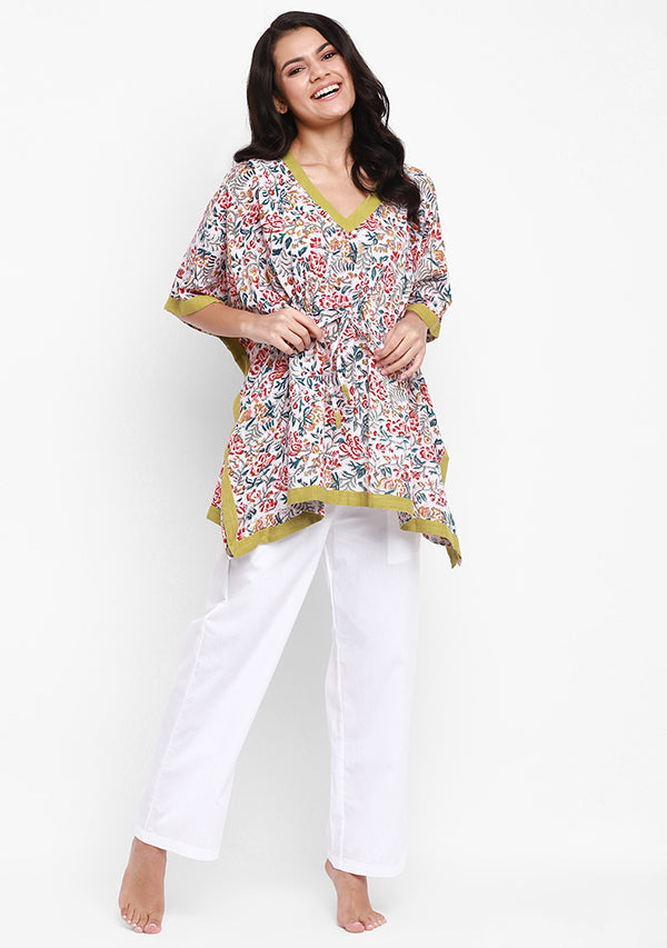 Ivory Multicolor Flower Motif Hand Block Printed Short Kaftan with White Pyjamas - unidra.myshopify.com