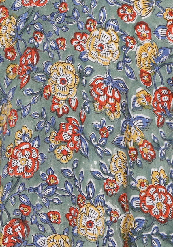 Turquoise Multi colour Hand Block Floral Printed V-Neck Cotton Kaftan
