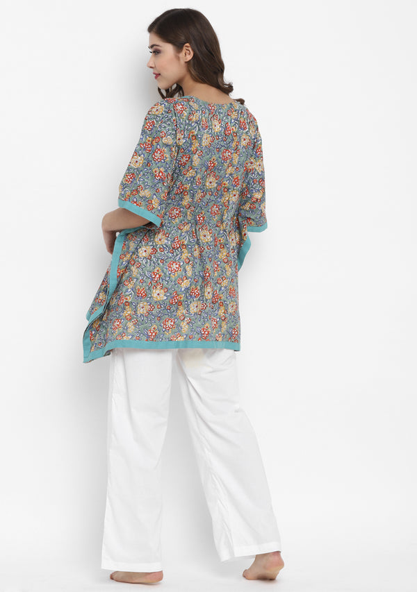 Turquoise Red Hand Block Printed Floral Short Kaftan With Pyjamas - unidra.myshopify.com
