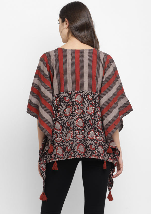 Grey Red Black Stripe Hand Block Printed Asymmetric Cotton Tunic with Tassels - unidra.myshopify.com