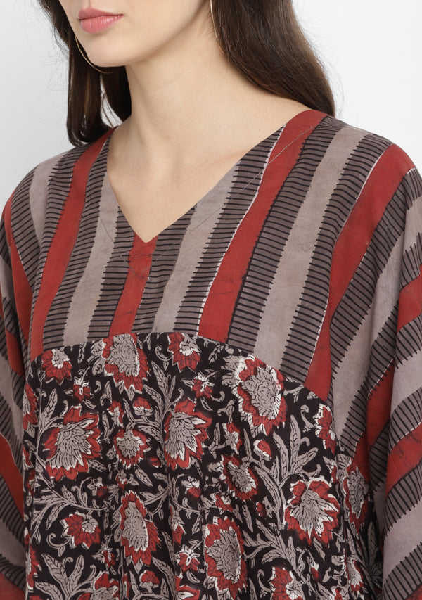 Grey Red Black Stripe Hand Block Printed Asymmetric Cotton Tunic with Tassels - unidra.myshopify.com