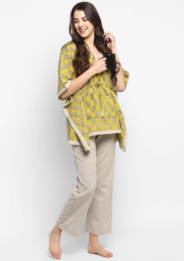 Yellow Beige Hand Block Printed Flower Motif Short Kaftan With Pyjamas - unidra.myshopify.com