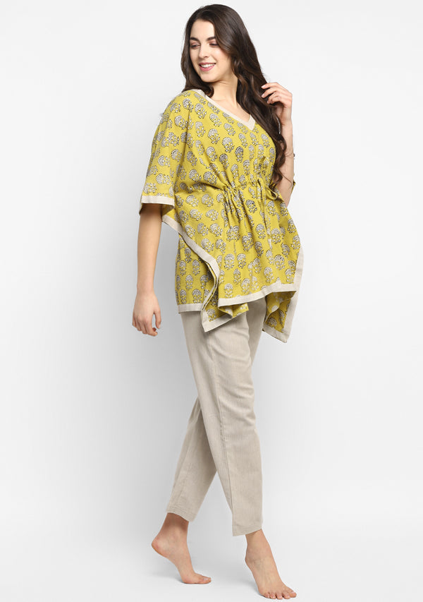 Yellow Beige Hand Block Printed Flower Motif Short Kaftan With Pyjamas - unidra.myshopify.com