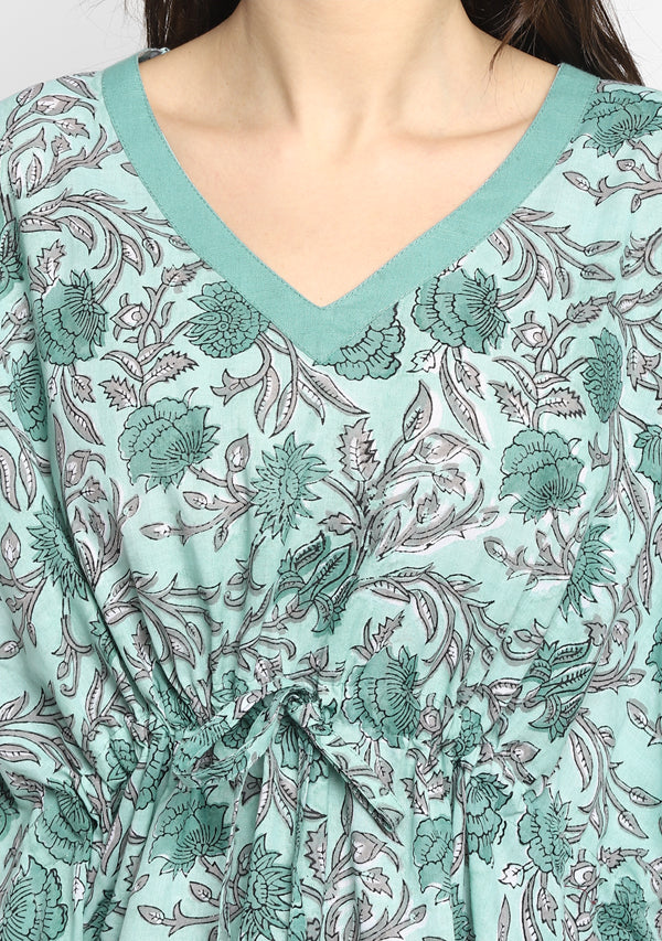 Aqua Grey Hand Block Printed Floral Short Kaftan With Pyjamas - unidra.myshopify.com