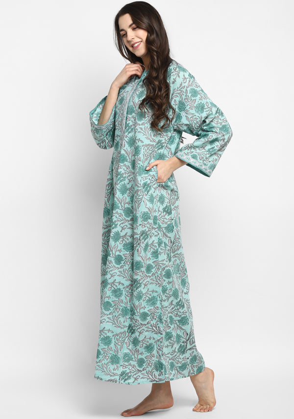 Aqua Grey Hand Block Floral Printed Cotton Night Dress with Long Sleeves - unidra.myshopify.com