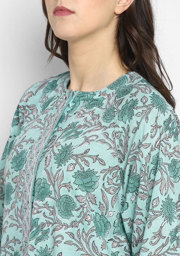 Aqua Grey Hand Block Floral Printed Cotton Night Dress with Long Sleeves - unidra.myshopify.com