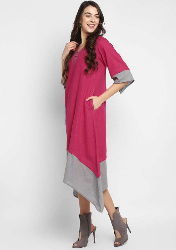 Fuschia Grey Layered Side Tail Cotton Dress - unidra.myshopify.com