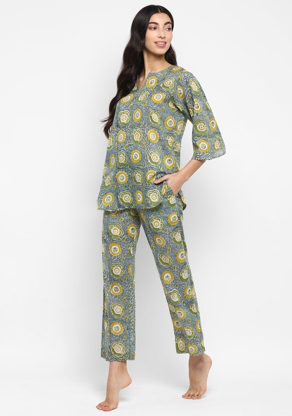 Lime Green Yellow Hand Block Floral Printed Cotton Night Suit - unidra.myshopify.com