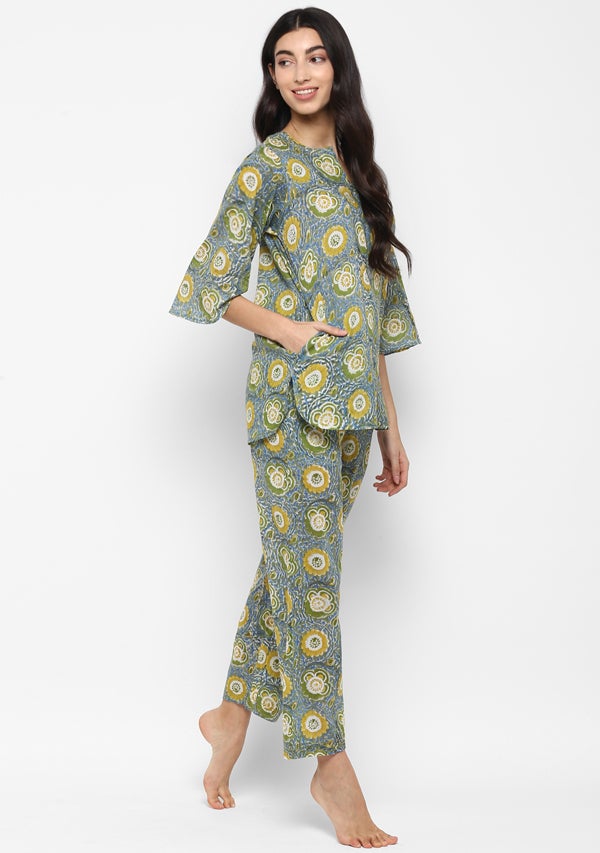 Lime Green Yellow Hand Block Floral Printed Cotton Night Suit - unidra.myshopify.com