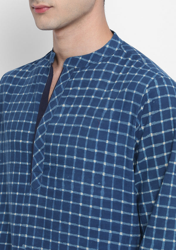 Indigo Ivory Hand Block Checked Printed Cotton Shirt and Pyjamas For Men - unidra.myshopify.com