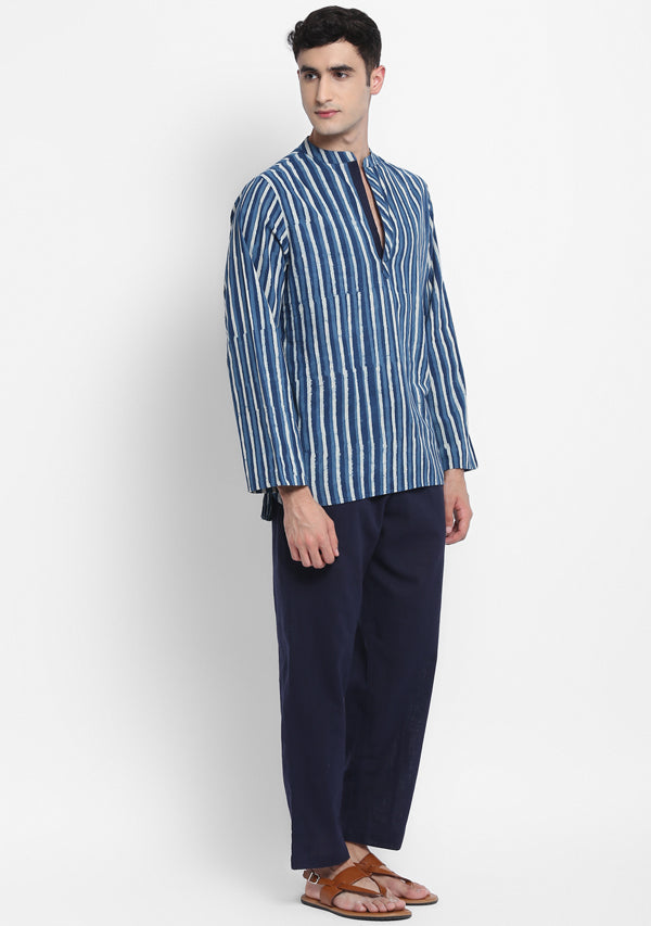 Indigo Ivory Hand Block Stripe Printed Cotton Shirt and Pyjamas For Men - unidra.myshopify.com