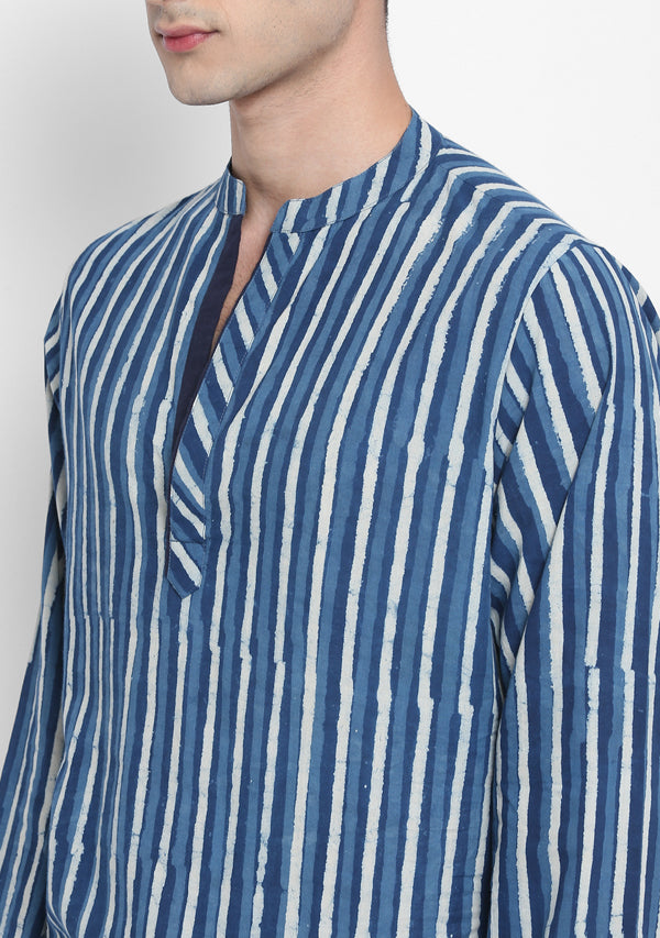 Indigo Ivory Hand Block Stripe Printed Cotton Shirt and Pyjamas For Men - unidra.myshopify.com