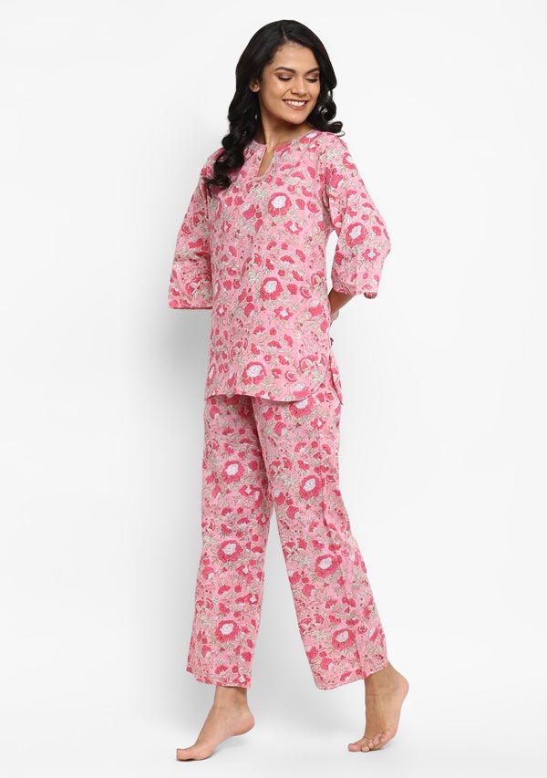 Pink Ivory Hand Block Floral Printed Cotton Night Suit - unidra.myshopify.com