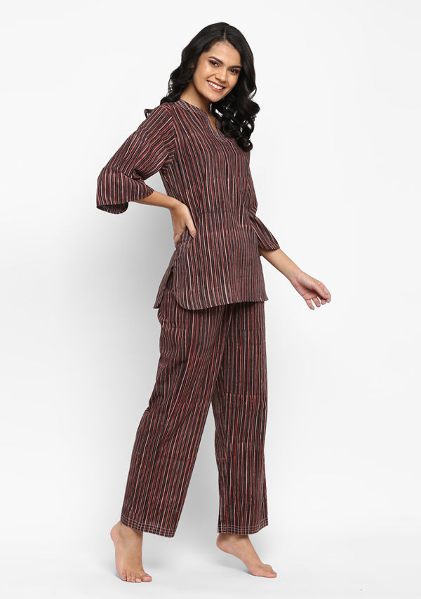 Brown Maroon Hand Block Stripe Printed Cotton Night Suit - unidra.myshopify.com