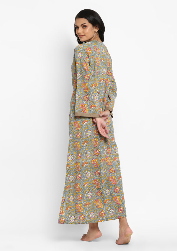 Aqua Mustard Hand Block Printed Floral Cotton Night Dress With Long Sleeves - unidra.myshopify.com
