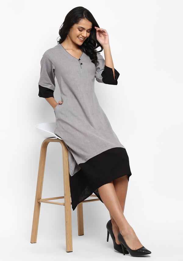 Grey Black Layered Side Tail Cotton Dress - unidra.myshopify.com