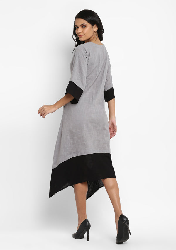 Grey Black Layered Side Tail Cotton Dress - unidra.myshopify.com