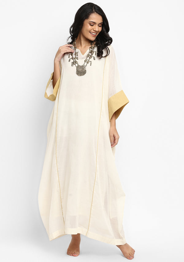 Off White And Mustard Mulmul Kaftan With Cuff Sleeves And Contrast Trimmings - unidra.myshopify.com