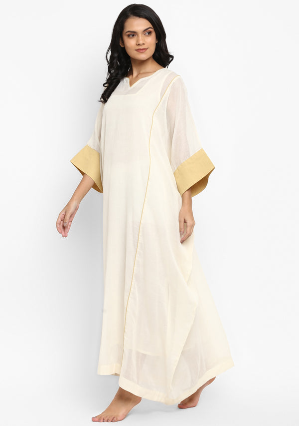 Off White And Mustard Mulmul Kaftan With Cuff Sleeves And Contrast Trimmings - unidra.myshopify.com