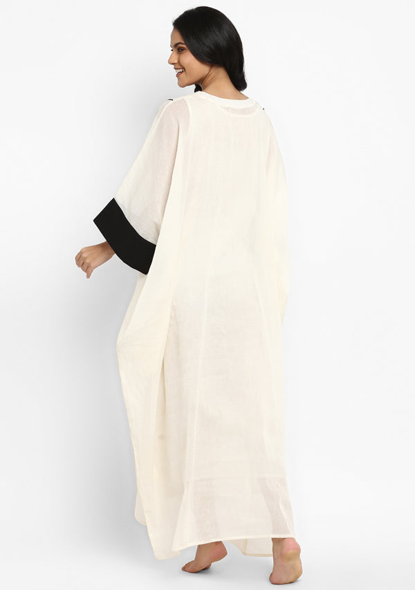 Off White And Black Mulmul Kaftan With Cuff Sleeves And Contrast Trimmings - unidra.myshopify.com