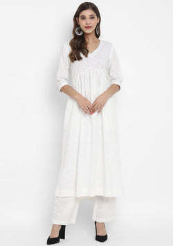 Adaa White Cotton V-Neck Kurta with Silver Stitch Lines paired with Pants - unidra.myshopify.com