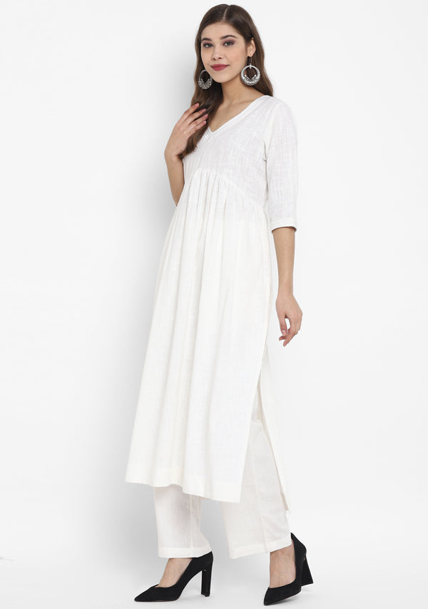 Adaa White Cotton V-Neck Kurta with Silver Stitch Lines paired with Pants - unidra.myshopify.com