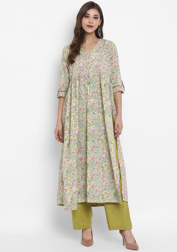 Adaa Yellow Pink Floral Hand Block Printed V-Neck Cotton Kurta paired with Olive Green Pants - unidra.myshopify.com