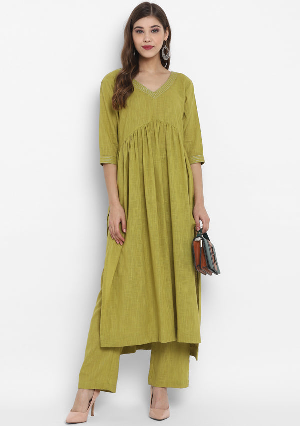 Adaa Olive Green Cotton V-Neck Kurta with Silver Stitch Lines paired with Pants - unidra.myshopify.com