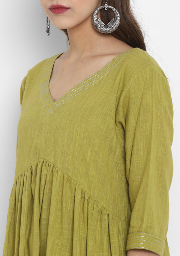 Adaa Olive Green Cotton V-Neck Kurta with Silver Stitch Lines paired with Pants - unidra.myshopify.com