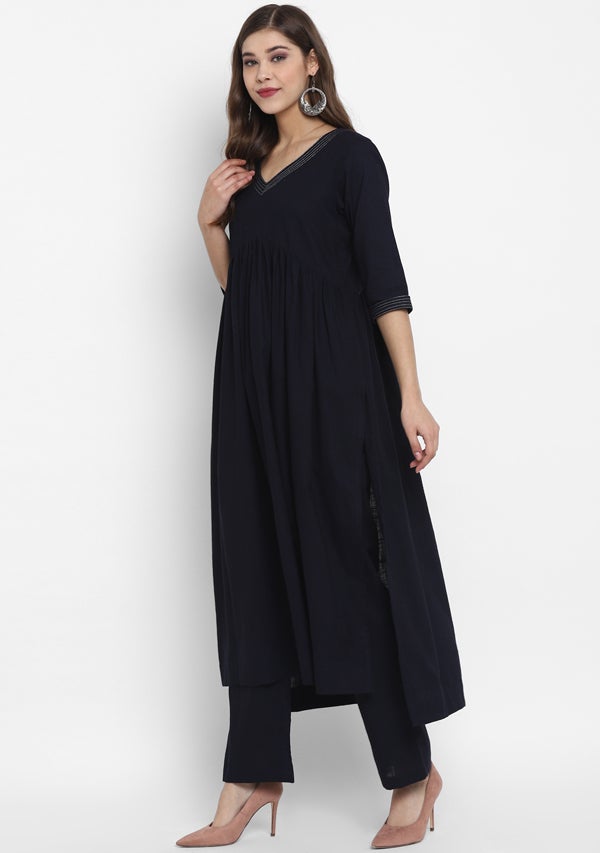 Adaa Navy Blue Cotton V-Neck Kurta with Silver Stitch Lines paired with Pants - unidra.myshopify.com