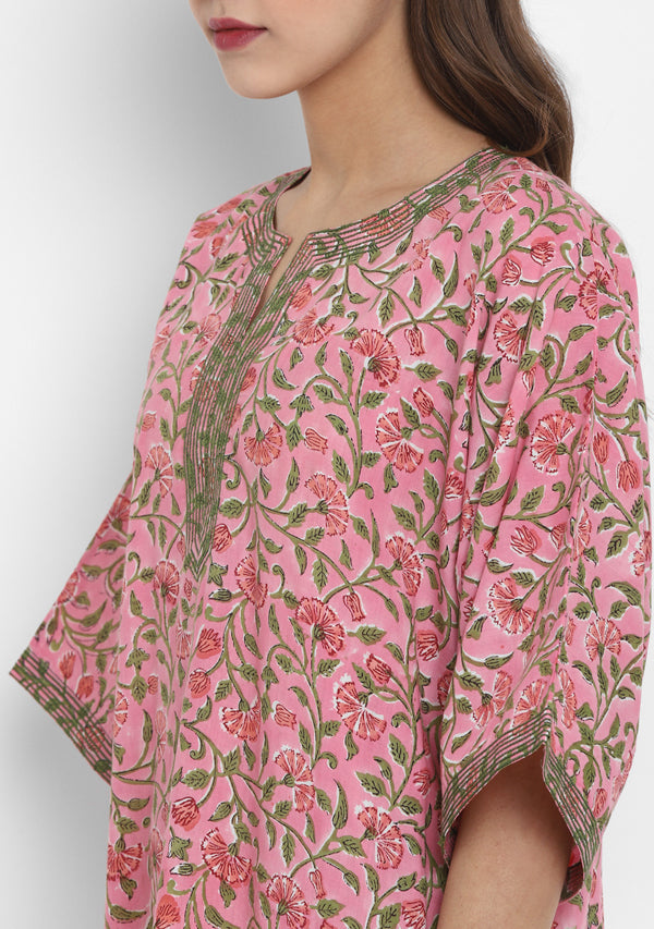 Pink Green Hand Block Printed Floral Nighty Kaftan with Stitch Lines - unidra.myshopify.com