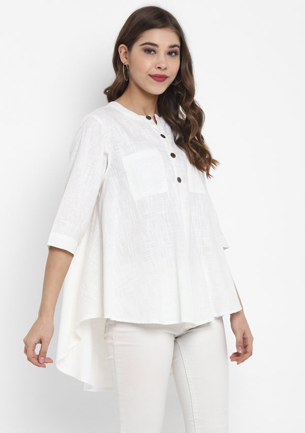 White Short Cotton Tunic With Pleats - unidra.myshopify.com