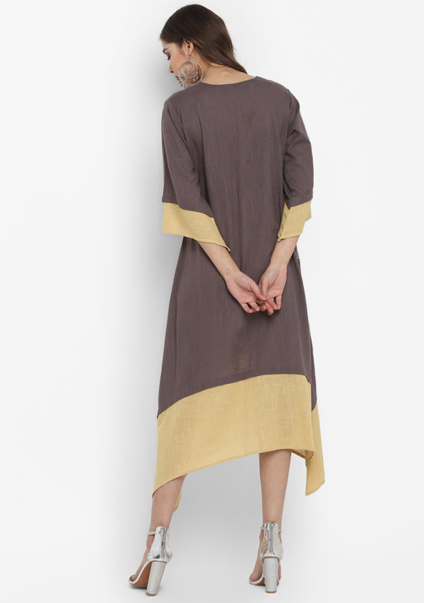 Grey Yellow Layered Side Tail Cotton Dress - unidra.myshopify.com