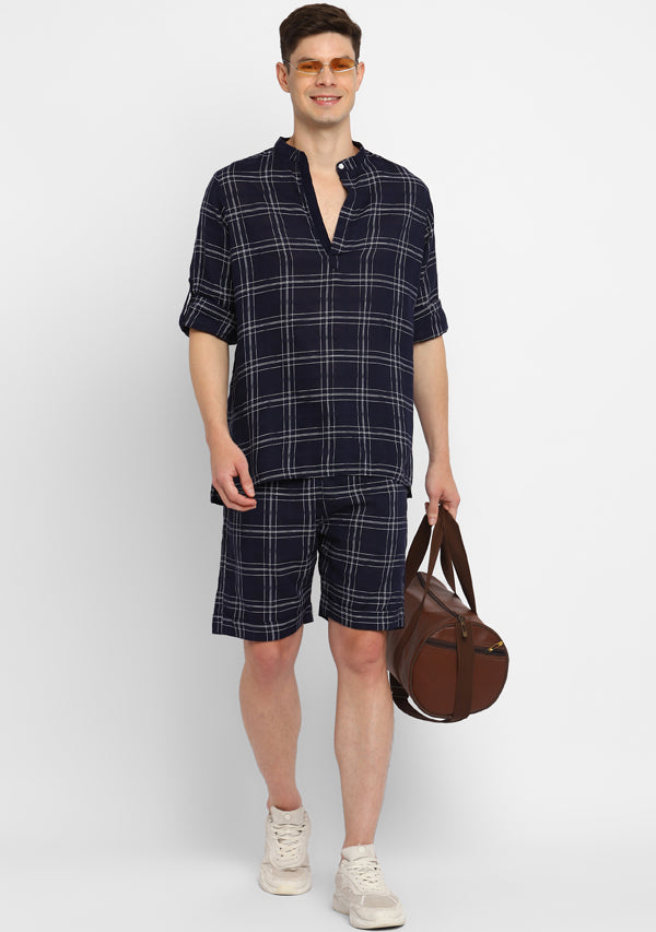 Navy Blue White Checked Cotton Shirt and Shorts For Men