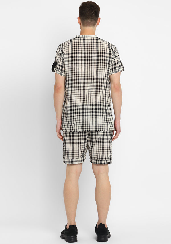Black White Checked Cotton Shirt and Shorts For Men