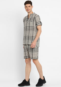 Black White Checked Cotton Shirt and Shorts For Men
