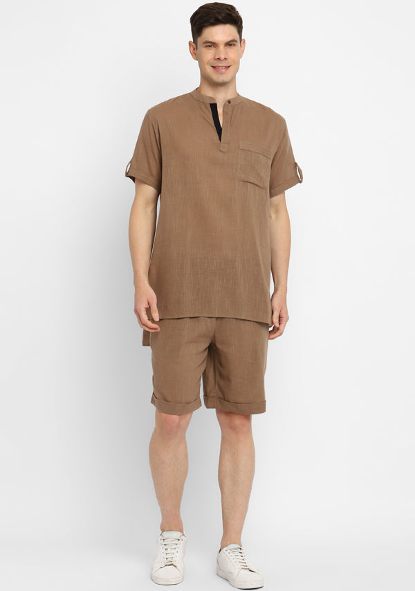 Brown Cotton Shirt and Shorts For Men