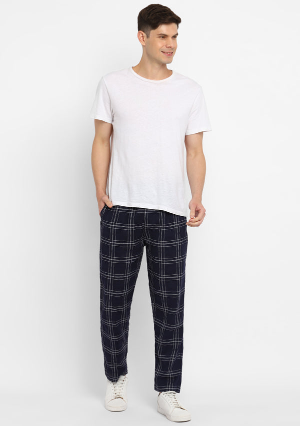 Navy Blue White Checked Cotton Lounge Pants For Men