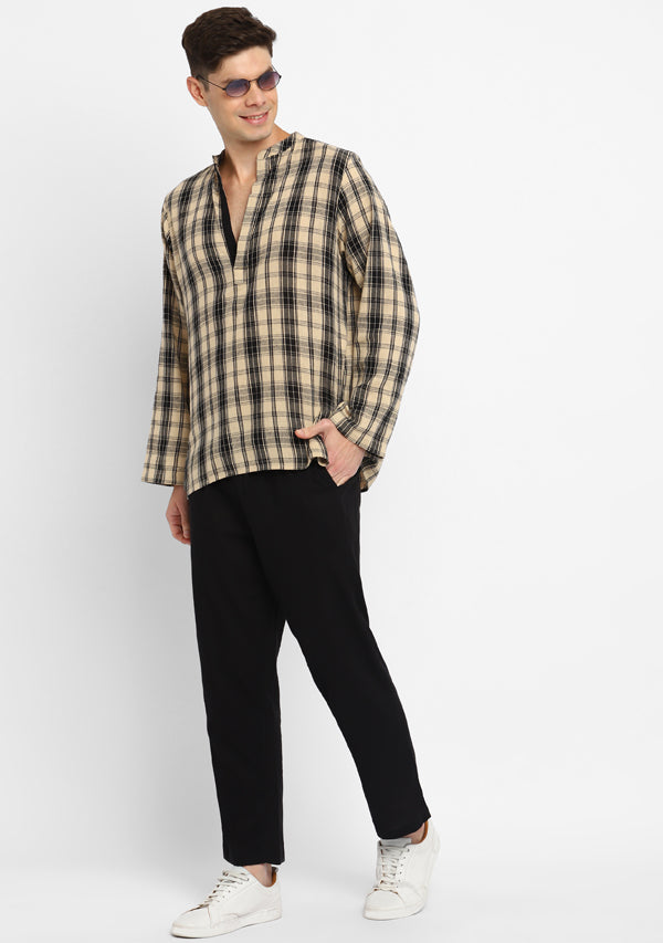 Beige Black Checked Cotton Shirt and Pyjamas For Men