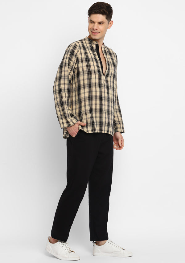 Beige Black Checked Cotton Shirt and Pyjamas For Men