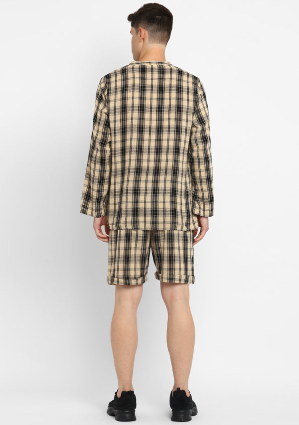 Beige Black Checked Cotton Shirt and Shorts For Men