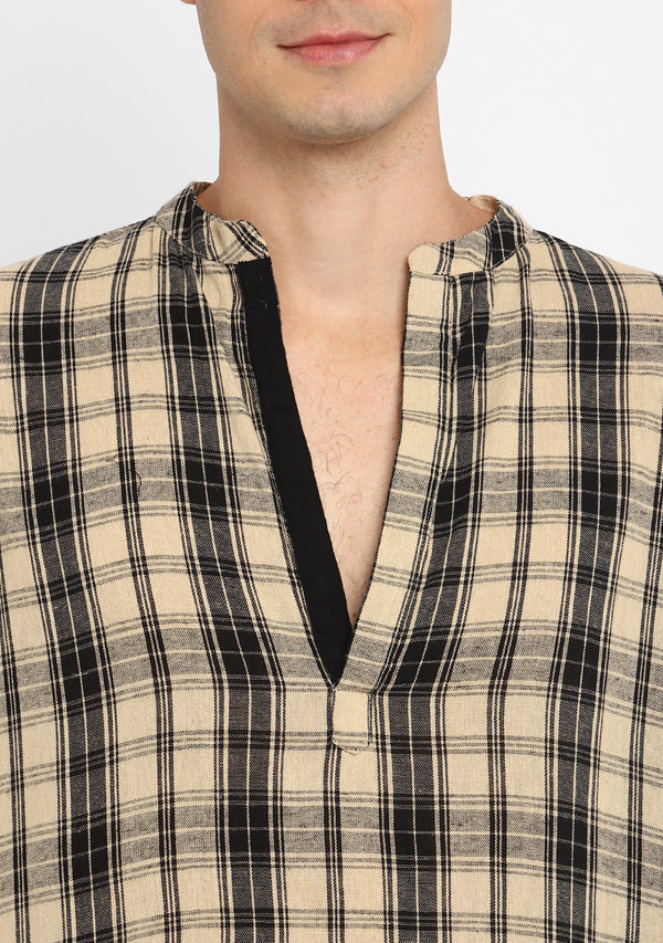 Beige Black Checked Cotton Shirt and Shorts For Men