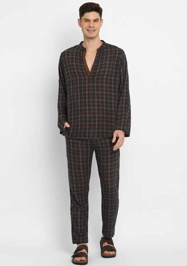Emerald Green and Brown Checked Shirt And Pyjamas For Men