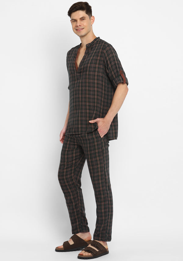 Emerald Green and Brown Checked Shirt And Pyjamas For Men