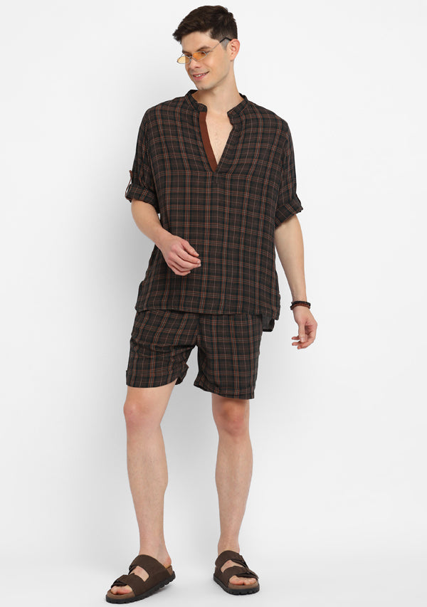 Emerald Green and Brown Checked Cotton Shirt and Shorts For Men