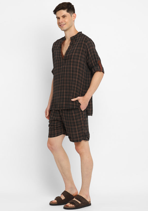 Emerald Green and Brown Checked Cotton Shirt and Shorts For Men