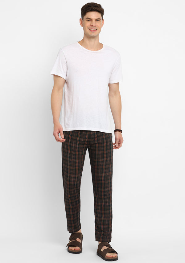 Emerald Green and Brown Checked Cotton Lounge Pants For Men