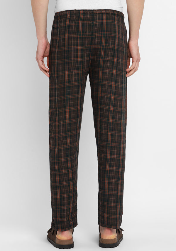 Emerald Green and Brown Checked Cotton Lounge Pants For Men